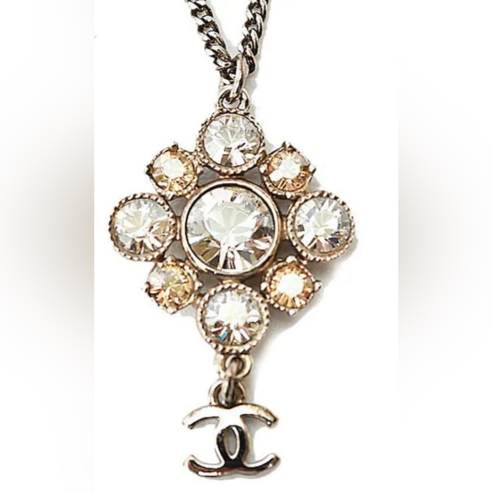 Chanel Silver CC Cluster Crystal Pendant Necklace